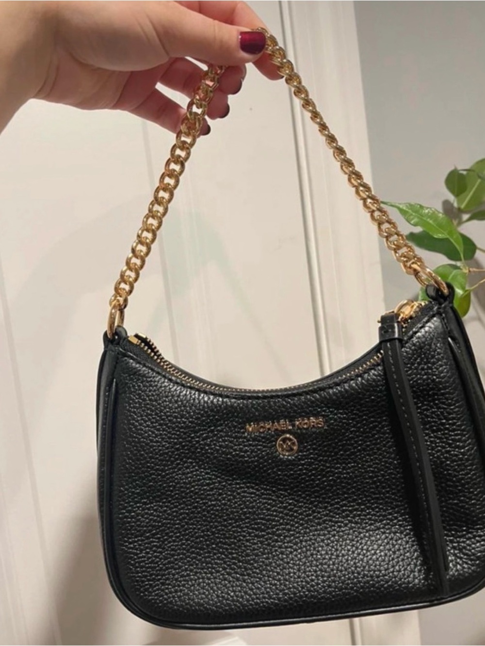 Michael Kors Black Pebbled Leather Shoulder Bag with Gold Chain Handle